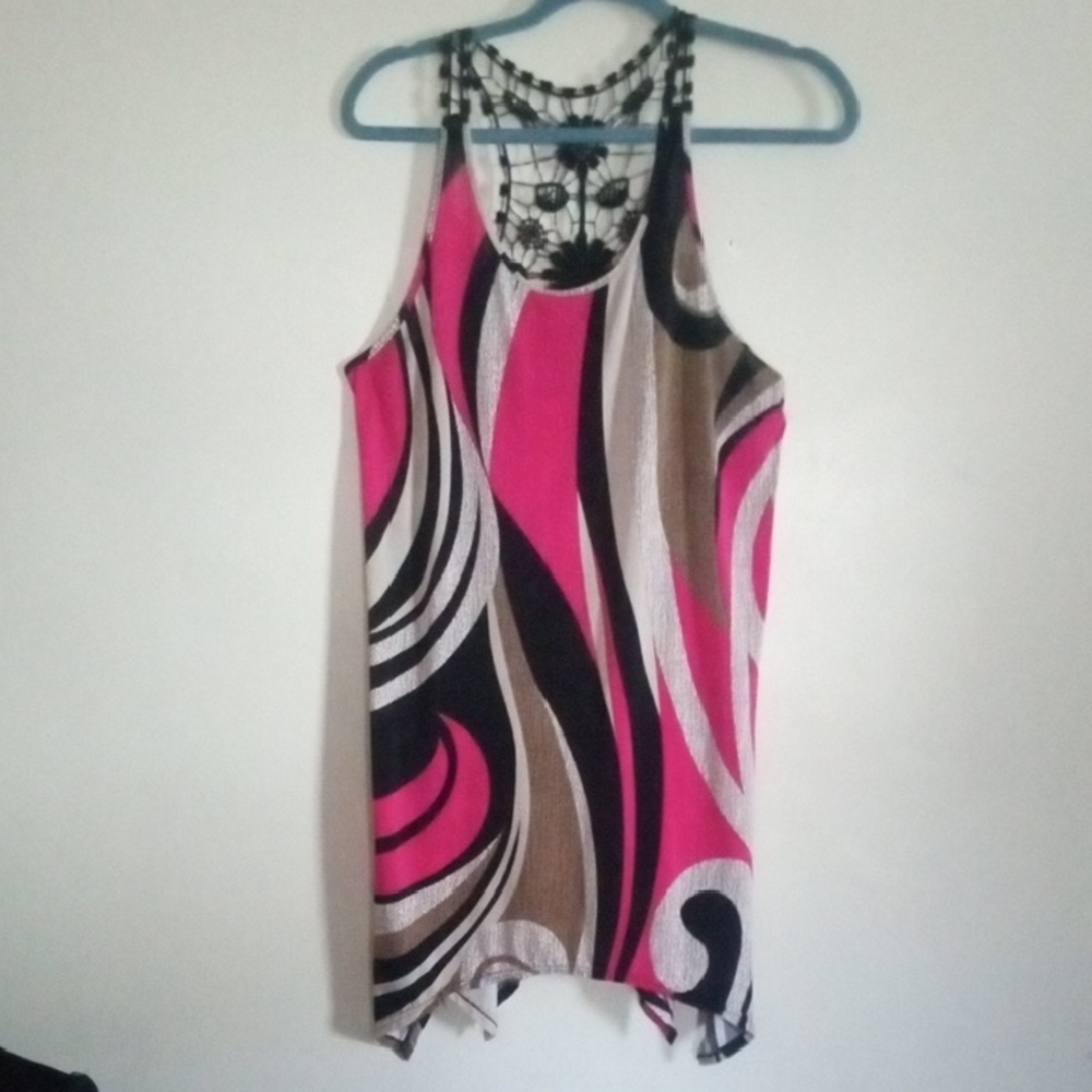 Julia Pink Swirl Crochet-Back Sleeveless Top Silk and Poly Blend Embroidered